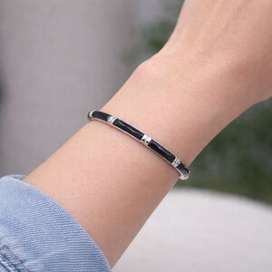 925 Sterling Silver Vintage Black Inlay Bangle Bracelet Hinged